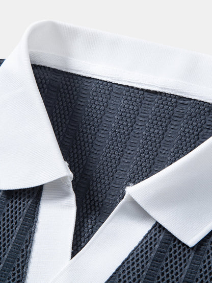 Striped Textured Johnny Collar Open Knit Polo