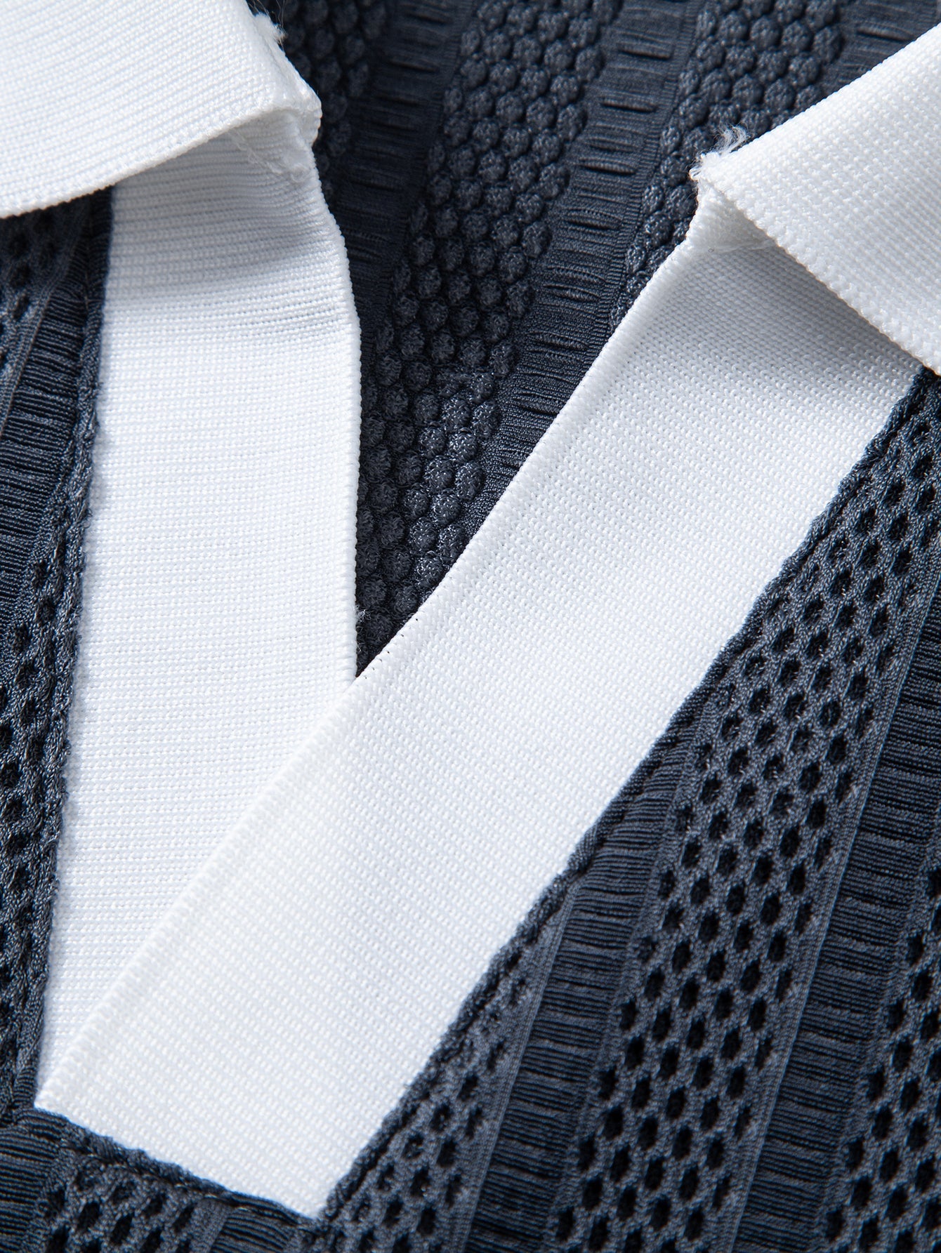 Striped Textured Johnny Collar Open Knit Polo