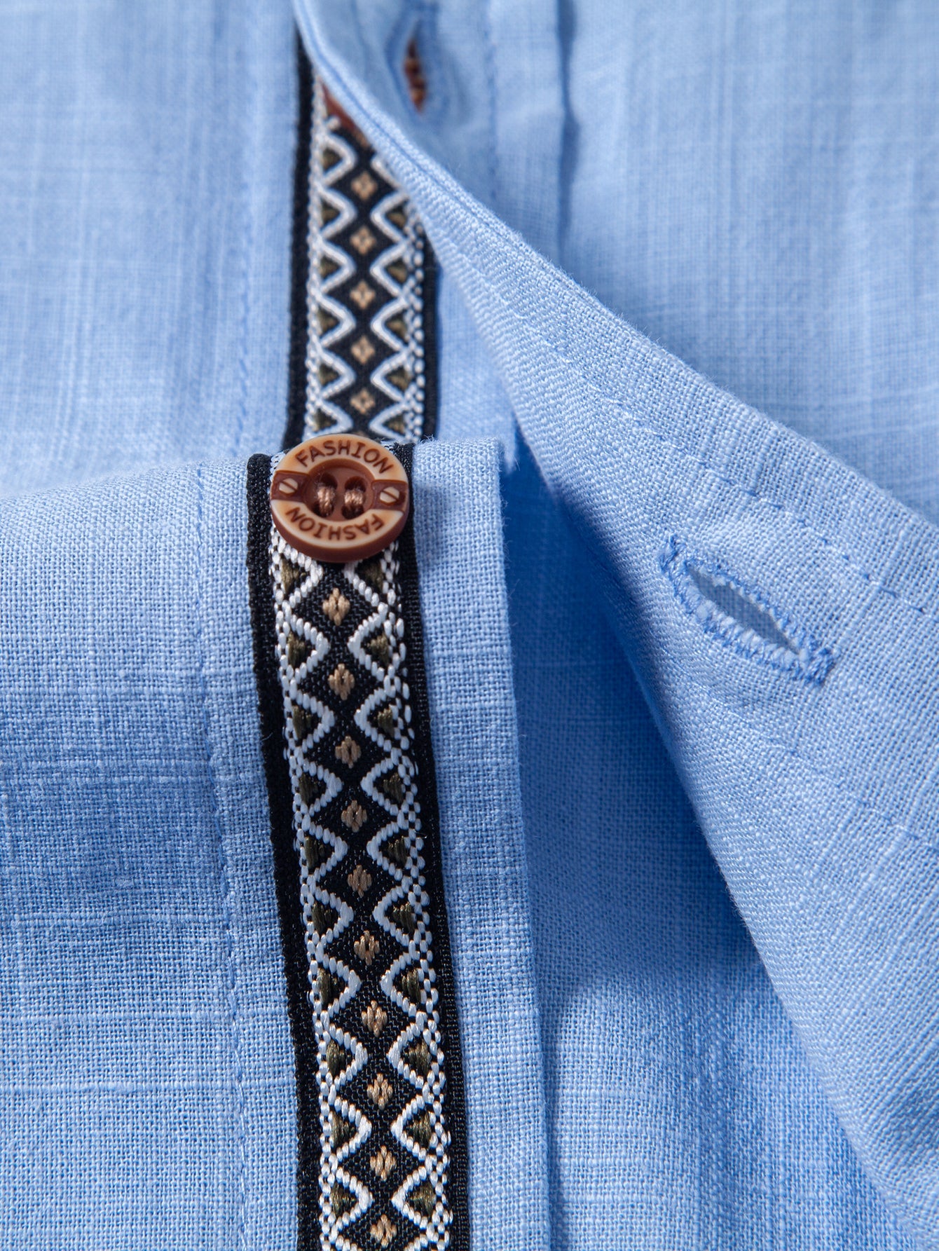 Contrast Trim Linen Look Stand Collar Shirt