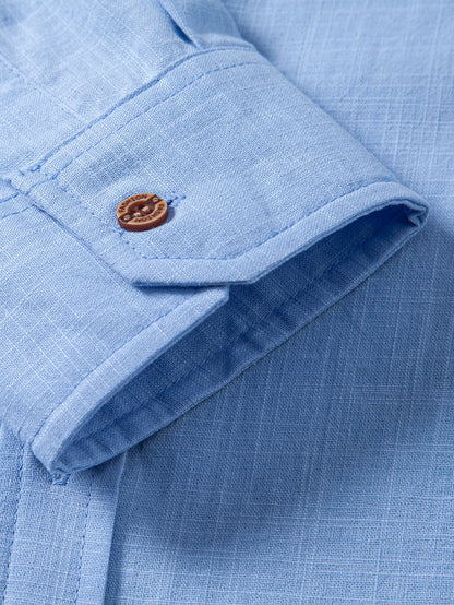 Contrast Trim Linen Look Stand Collar Shirt