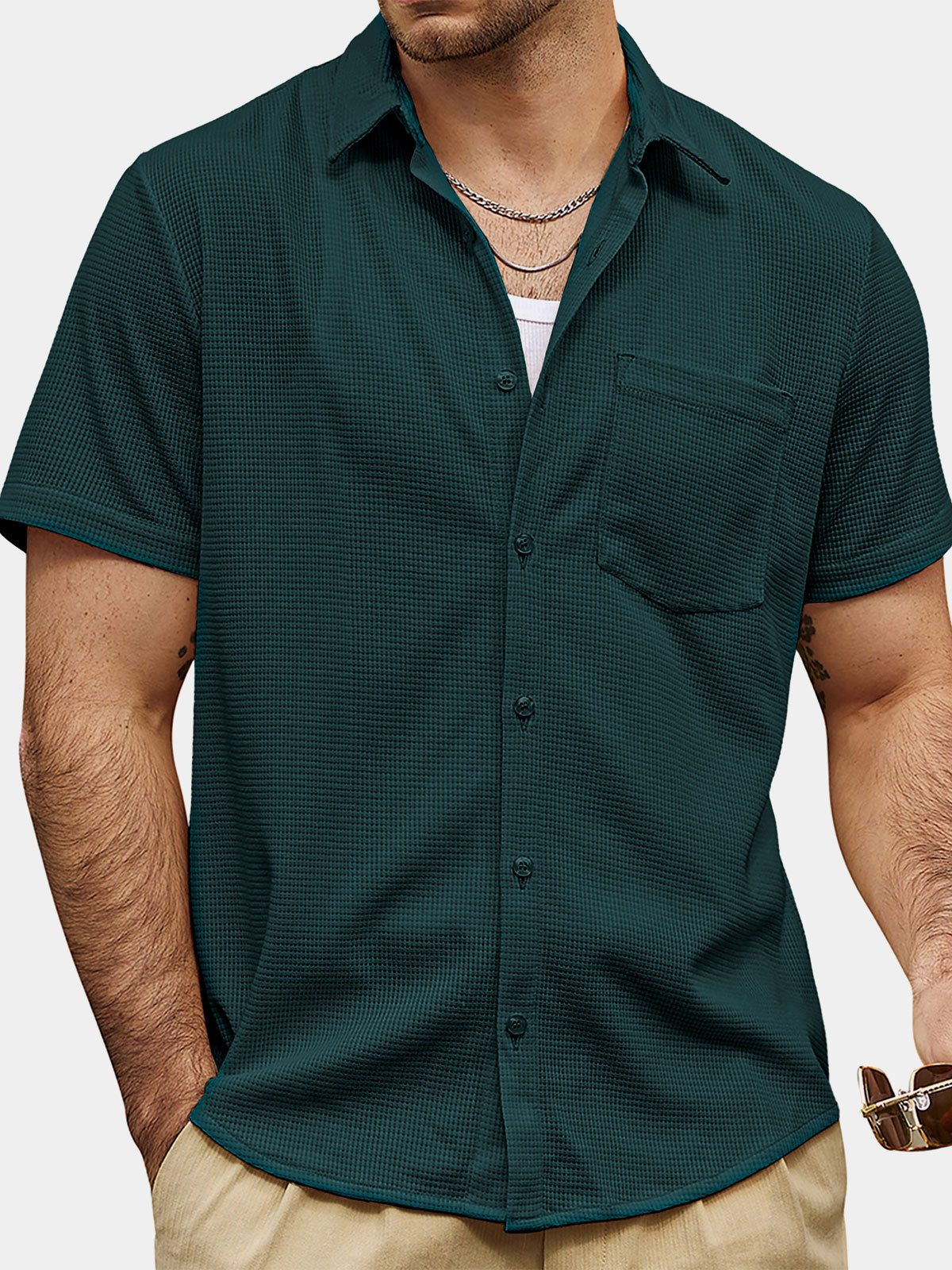 Men's Casual Waffle Summer Beach Short Sleeve Shirt
