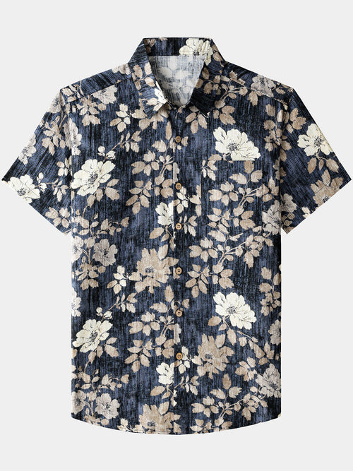 Men’s Vintage Floral Print Short Sleeve Button Up Breathable Cool Casual Shirt