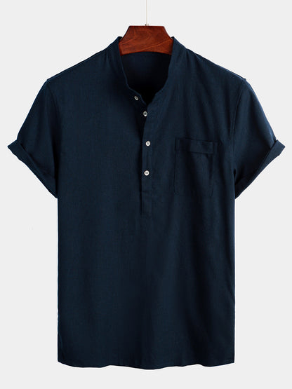 Men's Solid Color Stand Collar Half Button Pocket Front Shirt