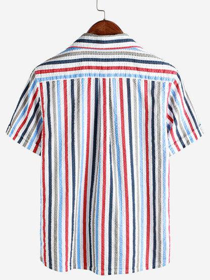 Men's Casual 100% Cotton Striped Pocket Hawaiian Holiday Button Up Short Sleeve Shirt