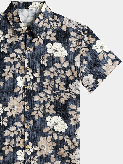 Men’s Vintage Floral Print Short Sleeve Button Up Breathable Cool Casual Shirt
