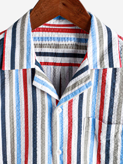 Men's Casual 100% Cotton Striped Pocket Hawaiian Holiday Button Up Short Sleeve Shirt