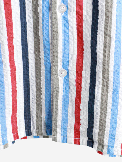 Men's Casual 100% Cotton Striped Pocket Hawaiian Holiday Button Up Short Sleeve Shirt