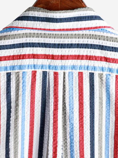 Men's Casual 100% Cotton Striped Pocket Hawaiian Holiday Button Up Short Sleeve Shirt