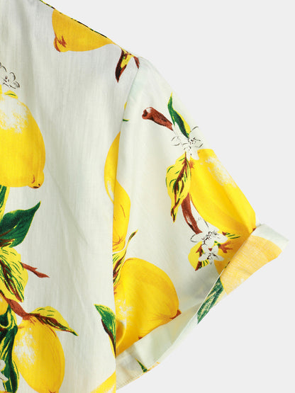 Men's Lemon Print Short Sleeve Button Up Beach Summer Hawaiian Shirt