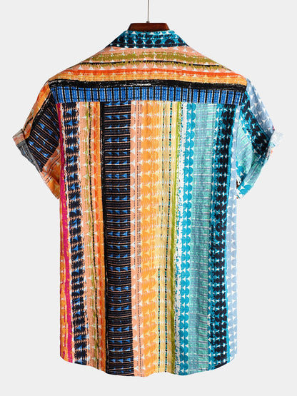 Men's Colorful Casual Striped Button Up Cotton Short Sleeve Shirt