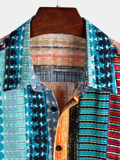 Men's Colorful Casual Striped Button Up Cotton Short Sleeve Shirt