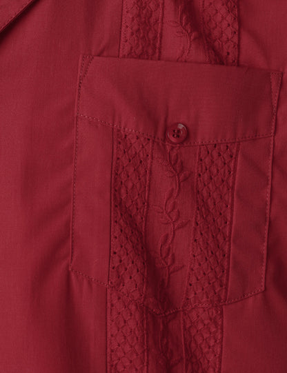 Men's Red Short Sleeve Pocket Cuban Guayabera Shirt