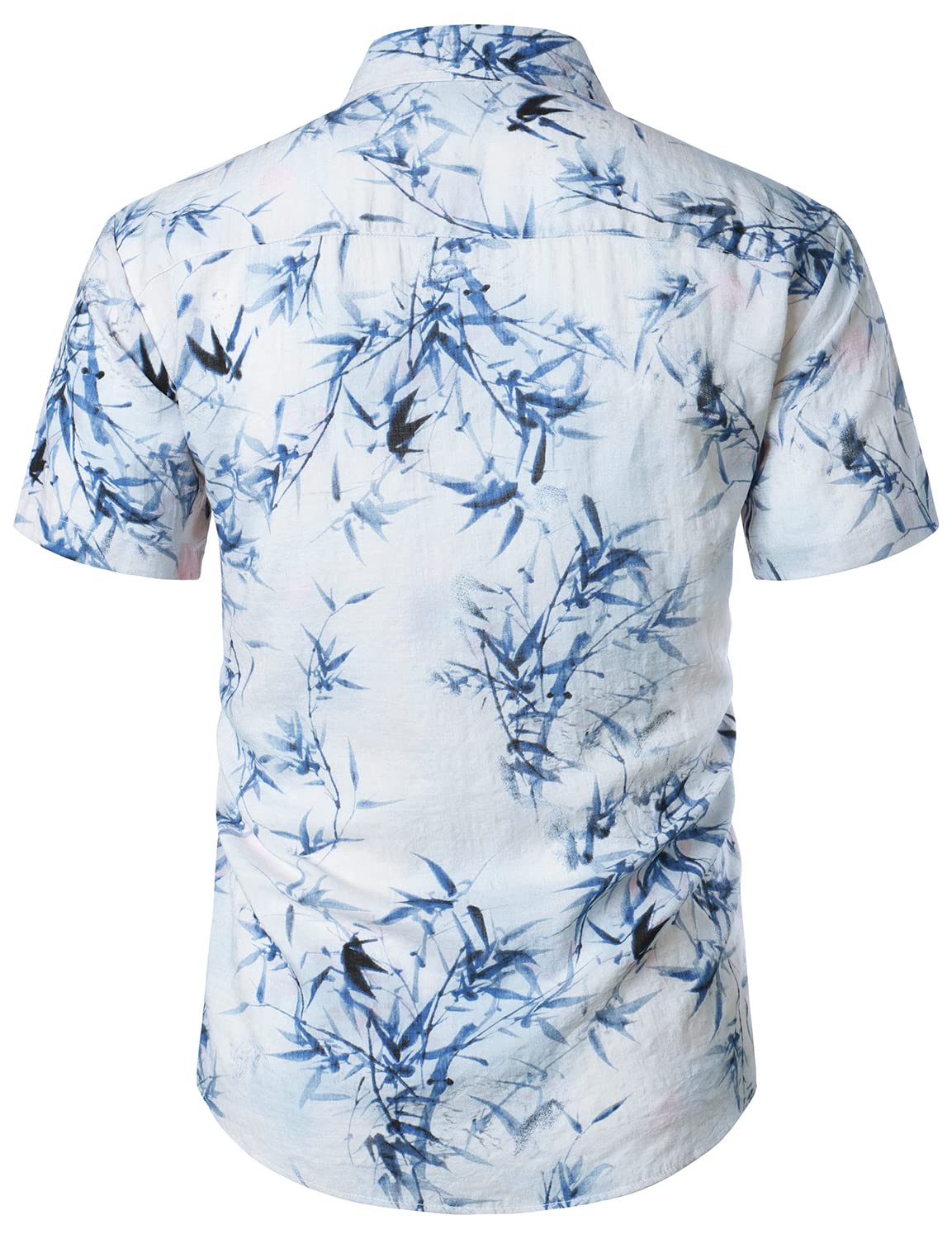 Men's Cotton Bamboo Art Print Button Summer Casual Short Sleeve Light Blue Hawaiian Shirt