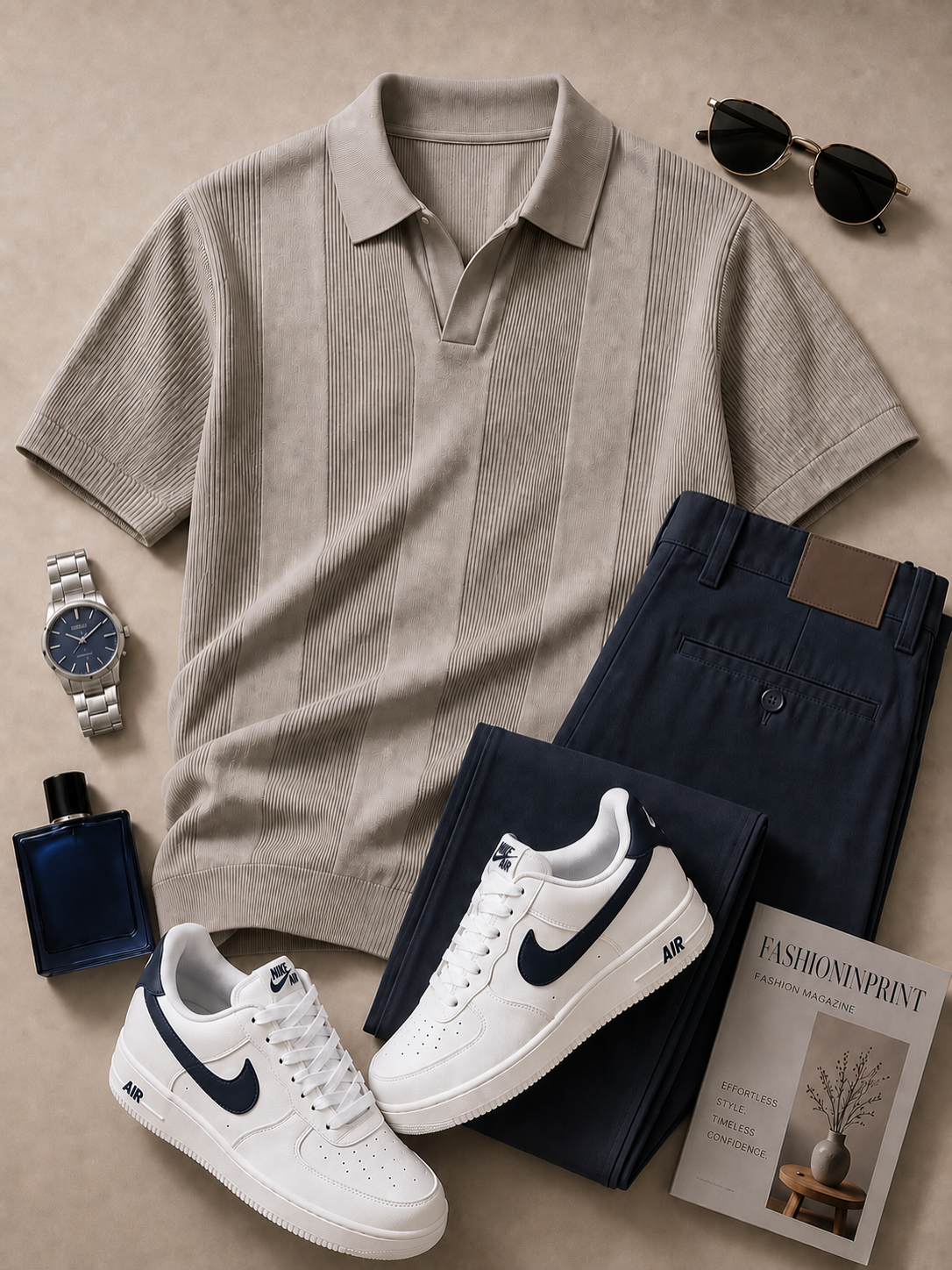 Men's Taupe Open Collar Ribbed Knit Polo & Navy Pants 2 Piece Set