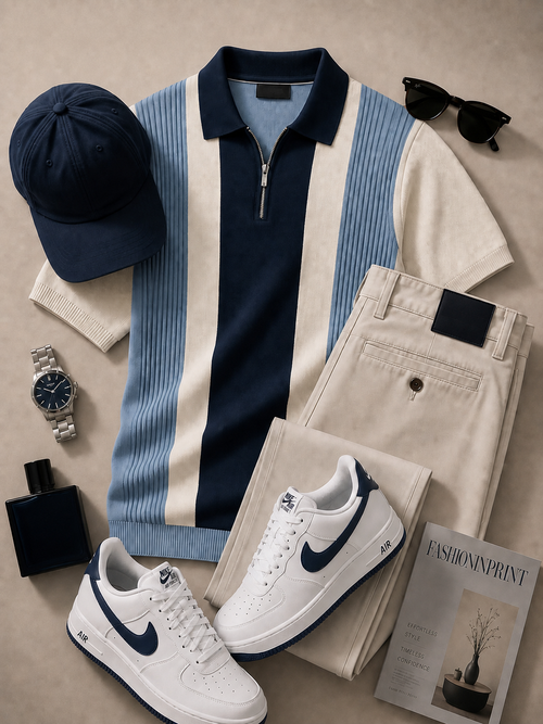 Men's Navy Light Blue Quarter Zip Knit Polo & Beige Pants 2 Piece Set