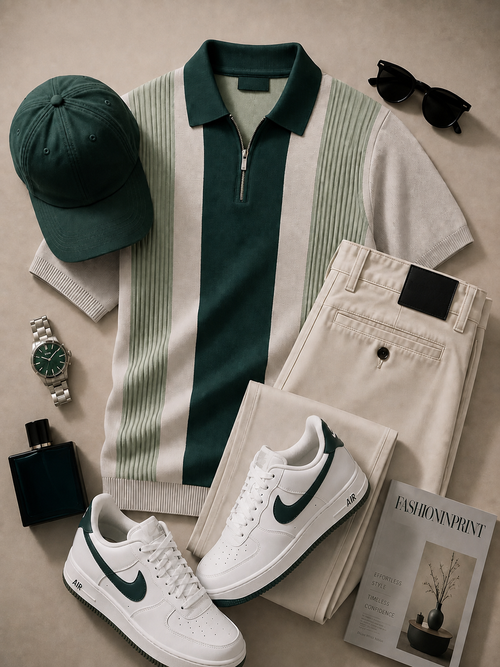 Men's Green Cream Quarter Zip Knit Polo & Beige Pants 2 Piece Set