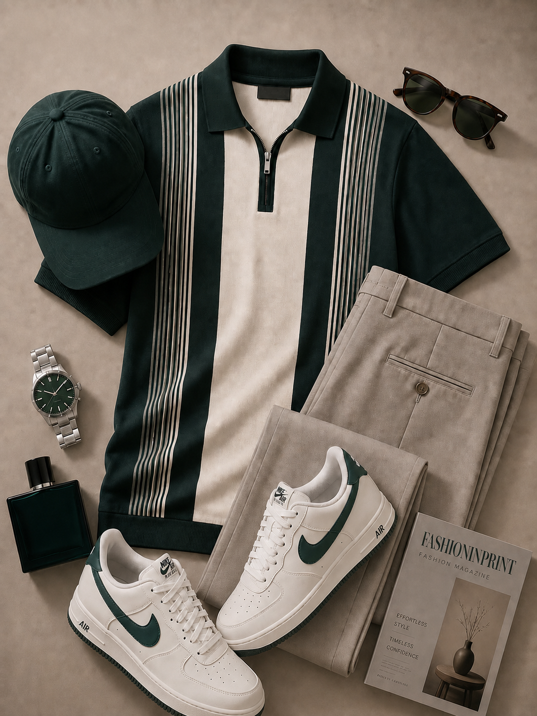 Men's Dark Green Cream Quarter Zip Knit Polo & Beige Pants 2 Piece Set