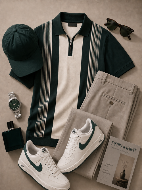 Men's Dark Green Cream Quarter Zip Knit Polo & Beige Pants 2 Piece Set