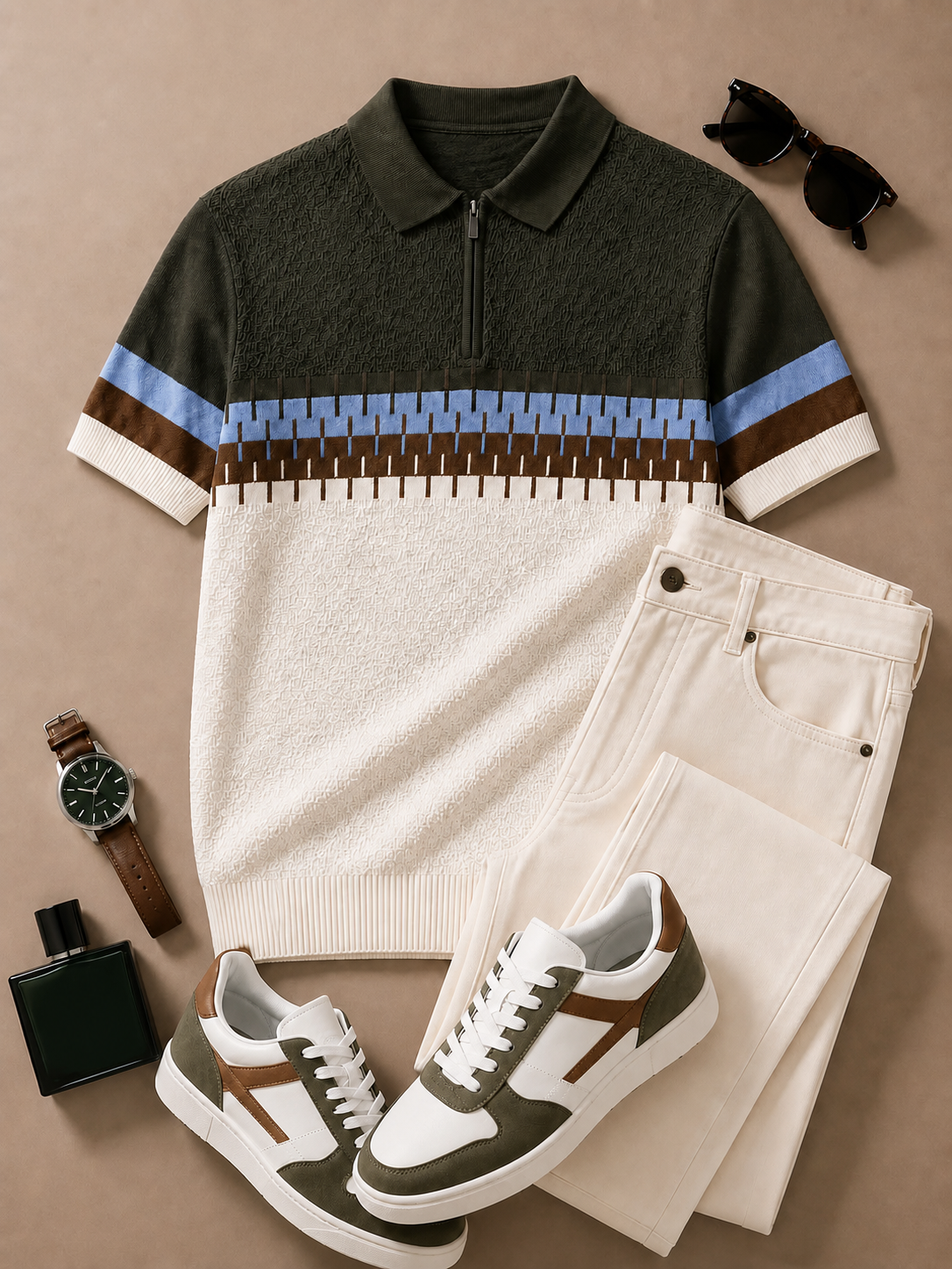 Men's Dark Green Cream Geometric Knit Polo & Ivory Pants 2 Piece Set