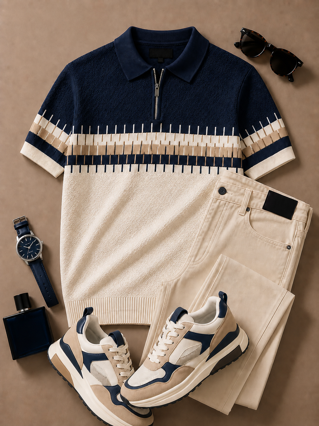 Men's Navy Cream Geometric Knit Polo & Beige Pants 2 Piece Set