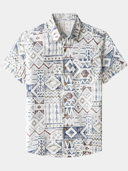 Men’s Vintage Geometric Pattern Short Sleeve Breathable Cool Casual Shirt
