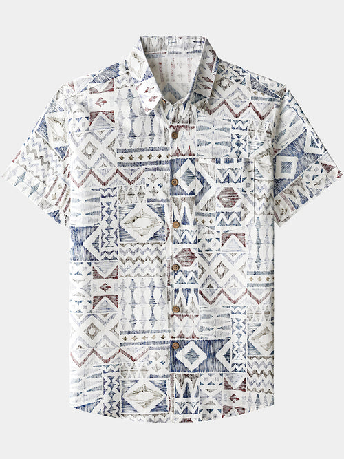 Men’s Vintage Geometric Pattern Short Sleeve Breathable Cool Casual Shirt
