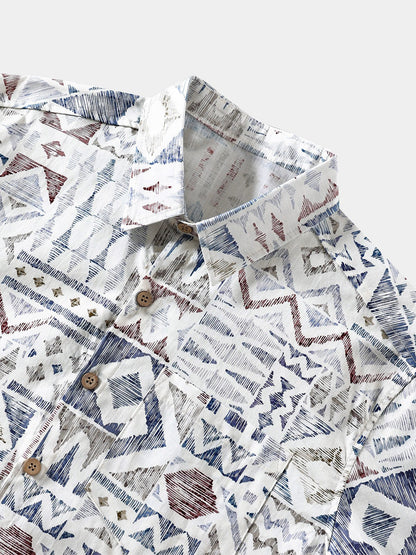 Men’s Vintage Geometric Pattern Short Sleeve Breathable Cool Casual Shirt
