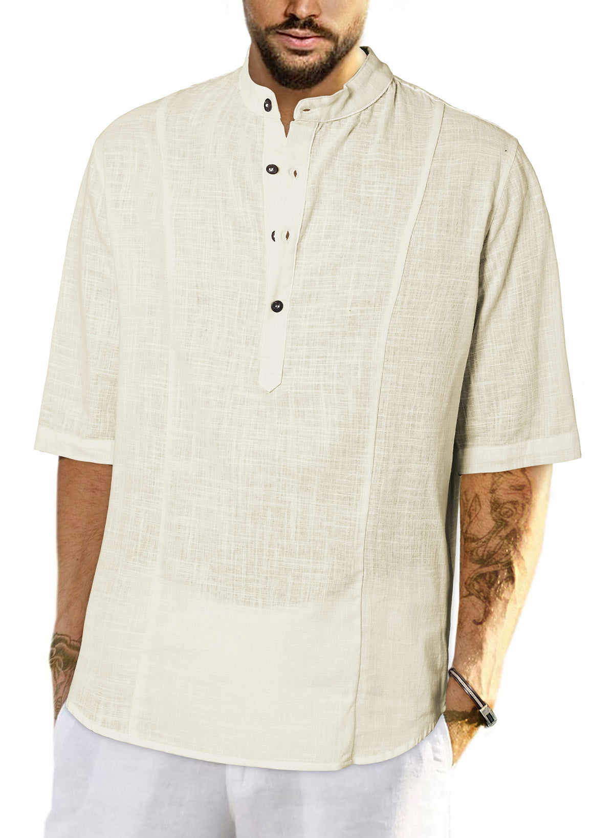 JMIERR Mens Cotton Linen Henley Shirt Casual Button Down Short Sleeve Tropical Shirts Summer Beach T Shirts