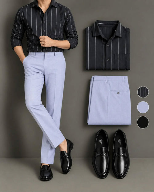 Men's Black Pinstripe Long Sleeve Button Down Shirt & Light Gray Trousers 2 Piece Set