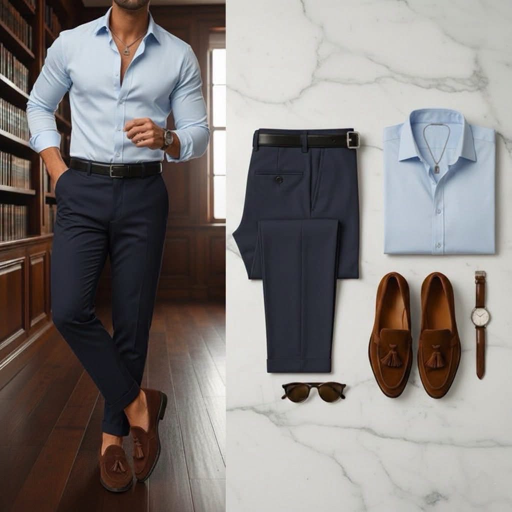 Men's Light Blue Long Sleeve Button Down Shirt & Navy Trousers 2 Piece Set