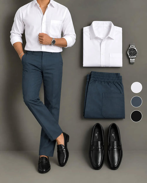 Men's White Long Sleeve Button Down Shirt & Slate Blue Trousers 2 Piece Set