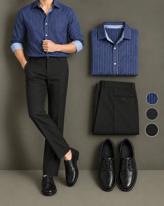 Men's Navy Blue Striped Long Sleeve Button Down Shirt & Black Trousers 2 Piece Set