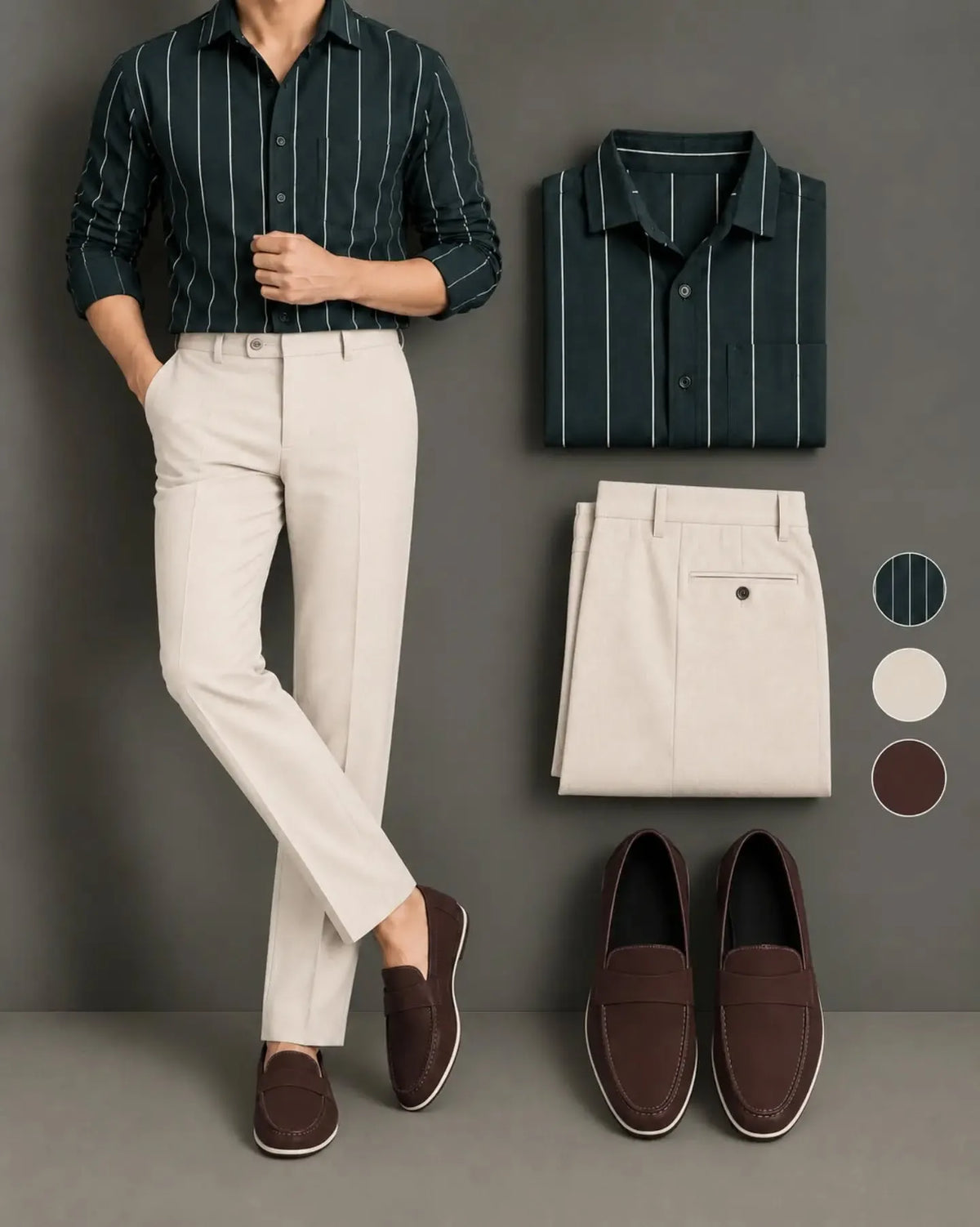 Men's Dark Green Pinstripe Long Sleeve Button Down Shirt & Cream Trousers 2 Piece Set