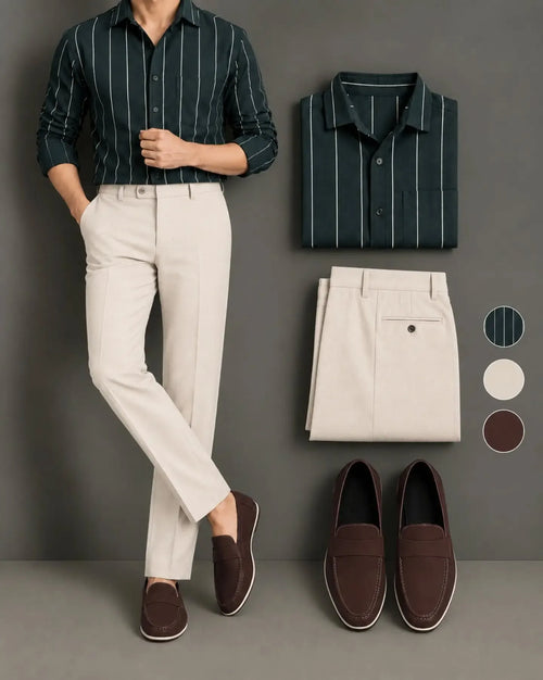 Men's Dark Green Pinstripe Long Sleeve Button Down Shirt & Cream Trousers 2 Piece Set