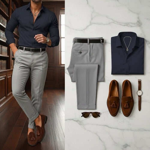 Men's Navy Blue Long Sleeve Button Down Shirt & Light Gray Trousers 2 Piece Set
