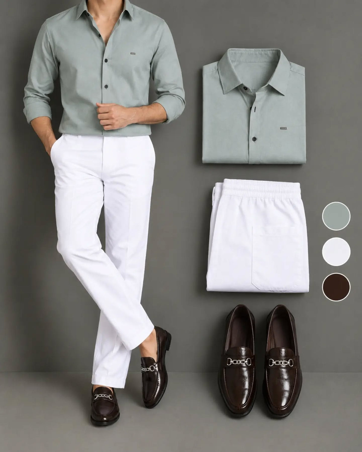 Men's Sage Green Long Sleeve Button Down Shirt & White Trousers 2 Piece Set