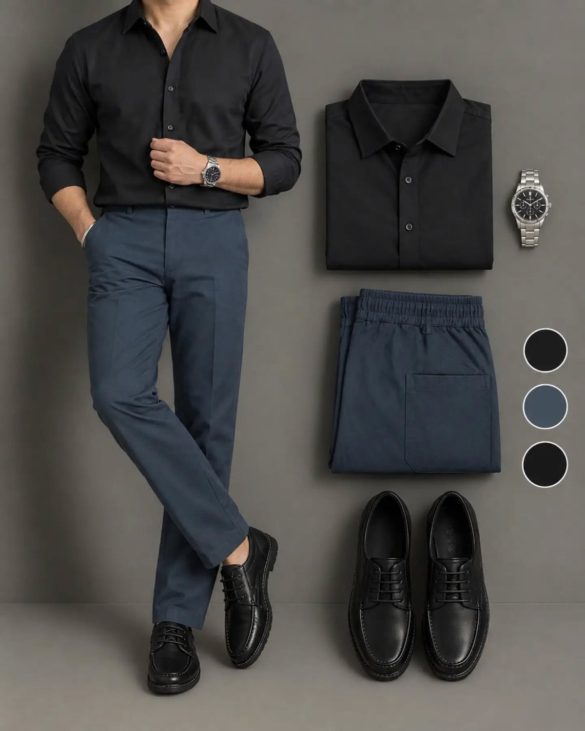 Men's Black Long Sleeve Button Down Shirt & Slate Blue Trousers 2 Piece Set
