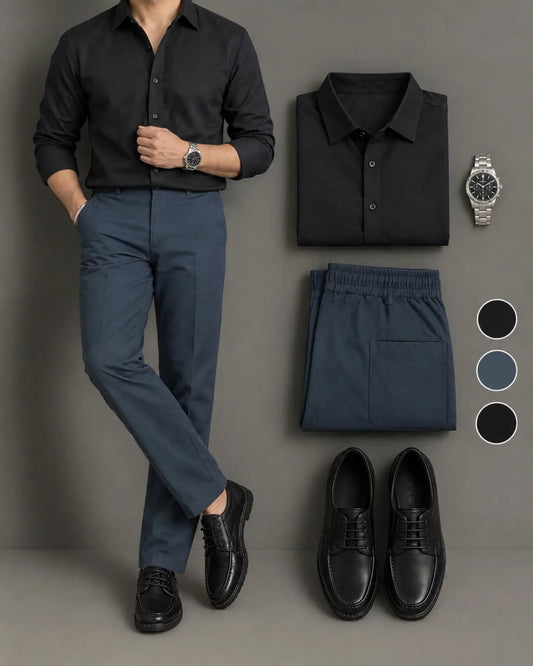 Men's Black Long Sleeve Button Down Shirt & Slate Blue Trousers 2 Piece Set