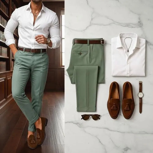 Men's White Long Sleeve Button Down Shirt & Sage Green Trousers 2 Piece Set