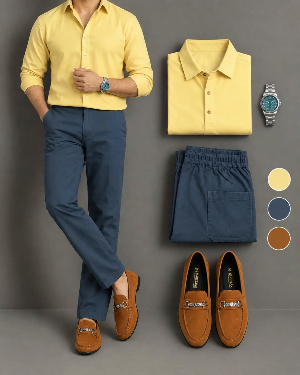 Men's Yellow Long Sleeve Button Down Shirt & Slate Blue Trousers 2 Piece Set