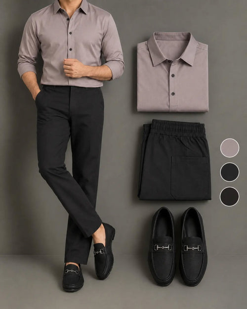 Men's Mauve Long Sleeve Button Down Shirt & Black Trousers 2 Piece Set
