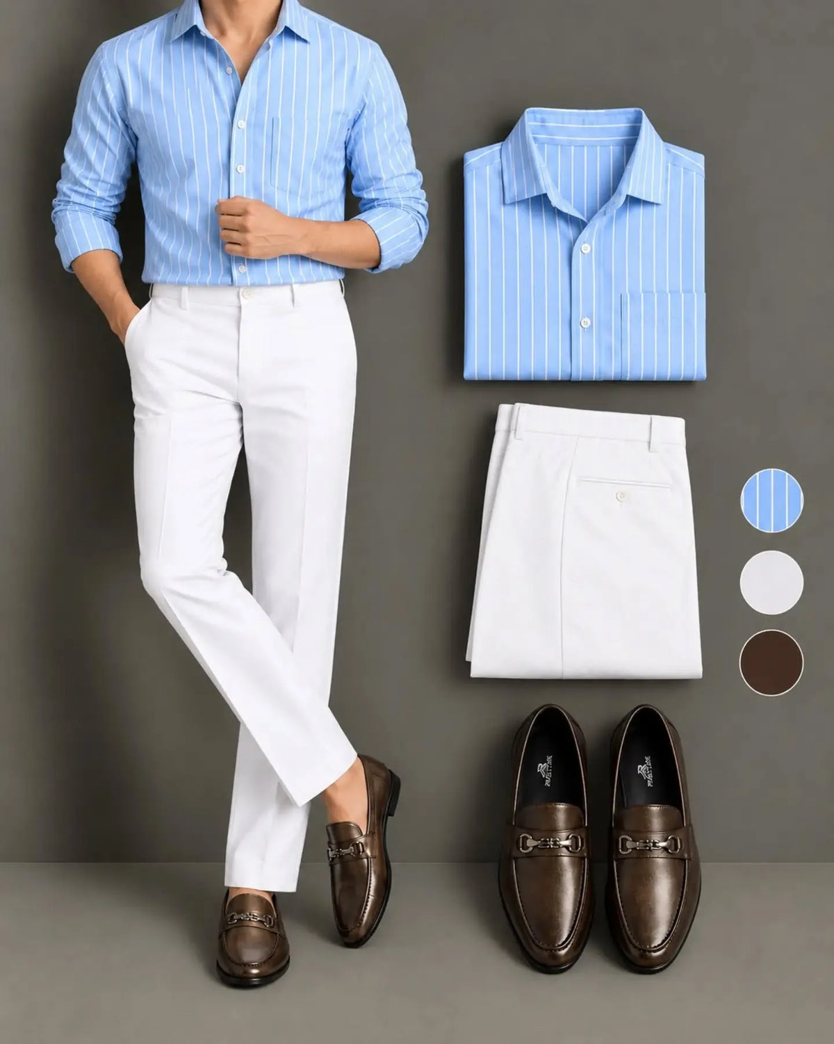 Men's Light Blue Striped Long Sleeve Button Down Shirt & White Trousers 2 Piece Set