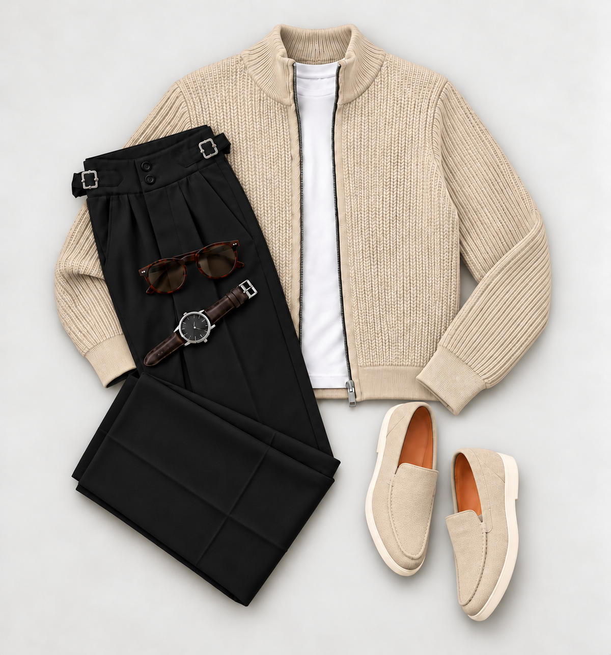 Men's Premium Textured Knit Zip-Up Cardigan & Tailored Pants Two-Piece Set