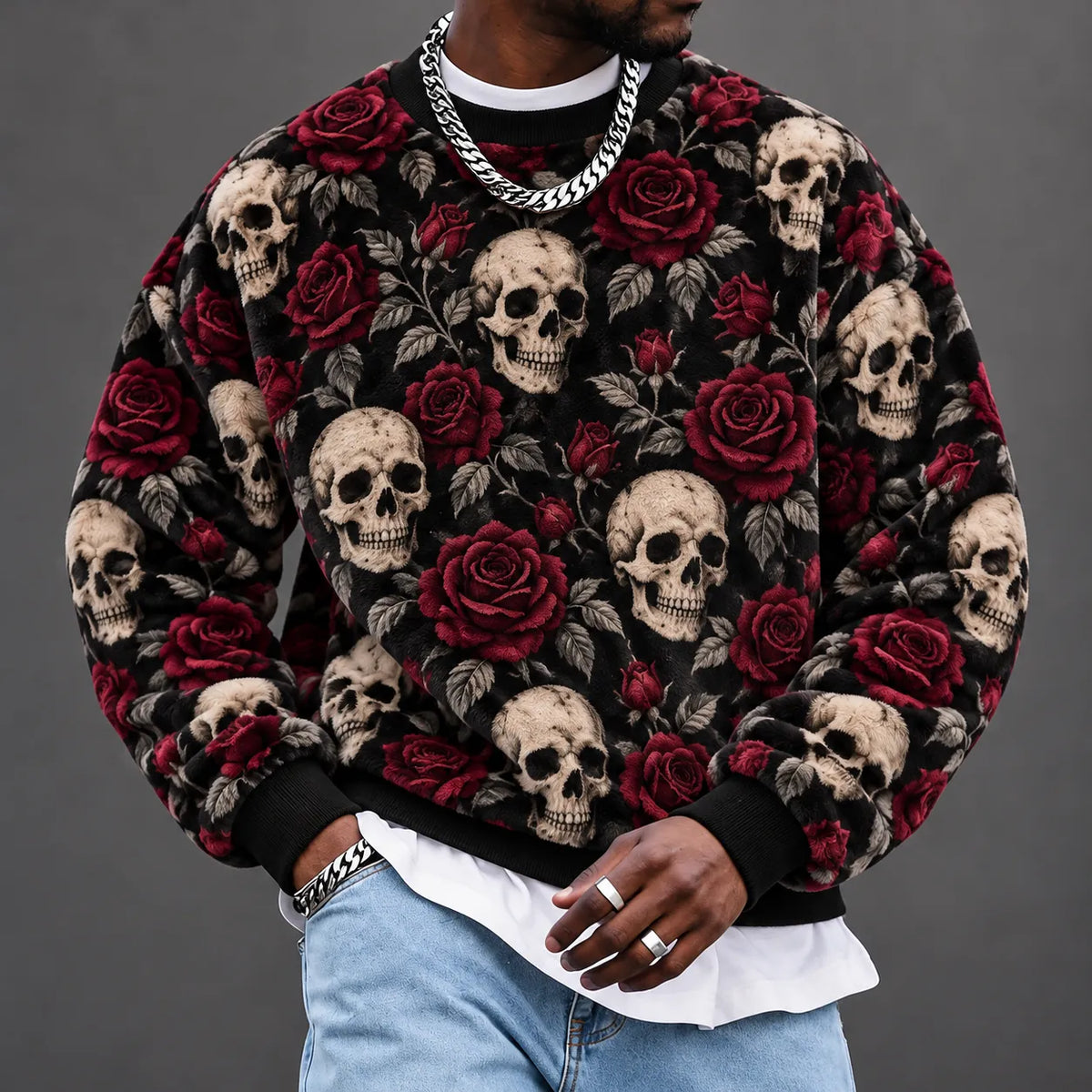 Men's Halloween Skull & Rose Print Crewneck Sweatshirt