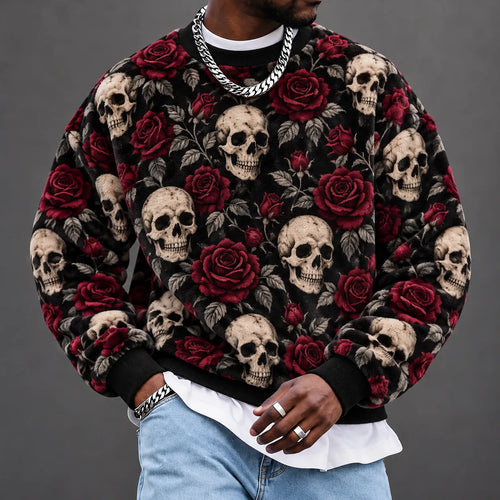 Men's Halloween Skull & Rose Print Crewneck Sweatshirt