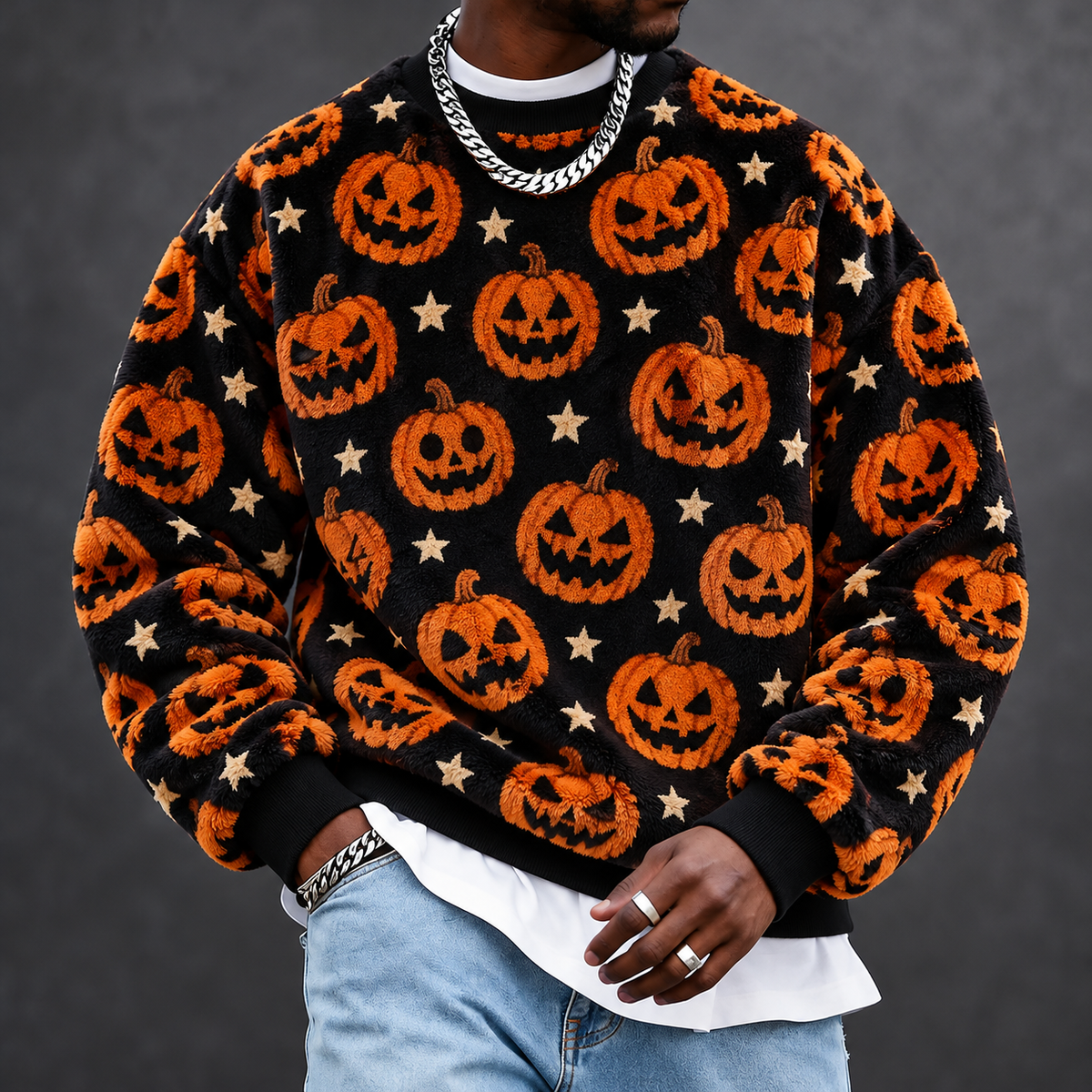 Men's Black & Orange Jack-O'-Lantern Print Sweatshirt