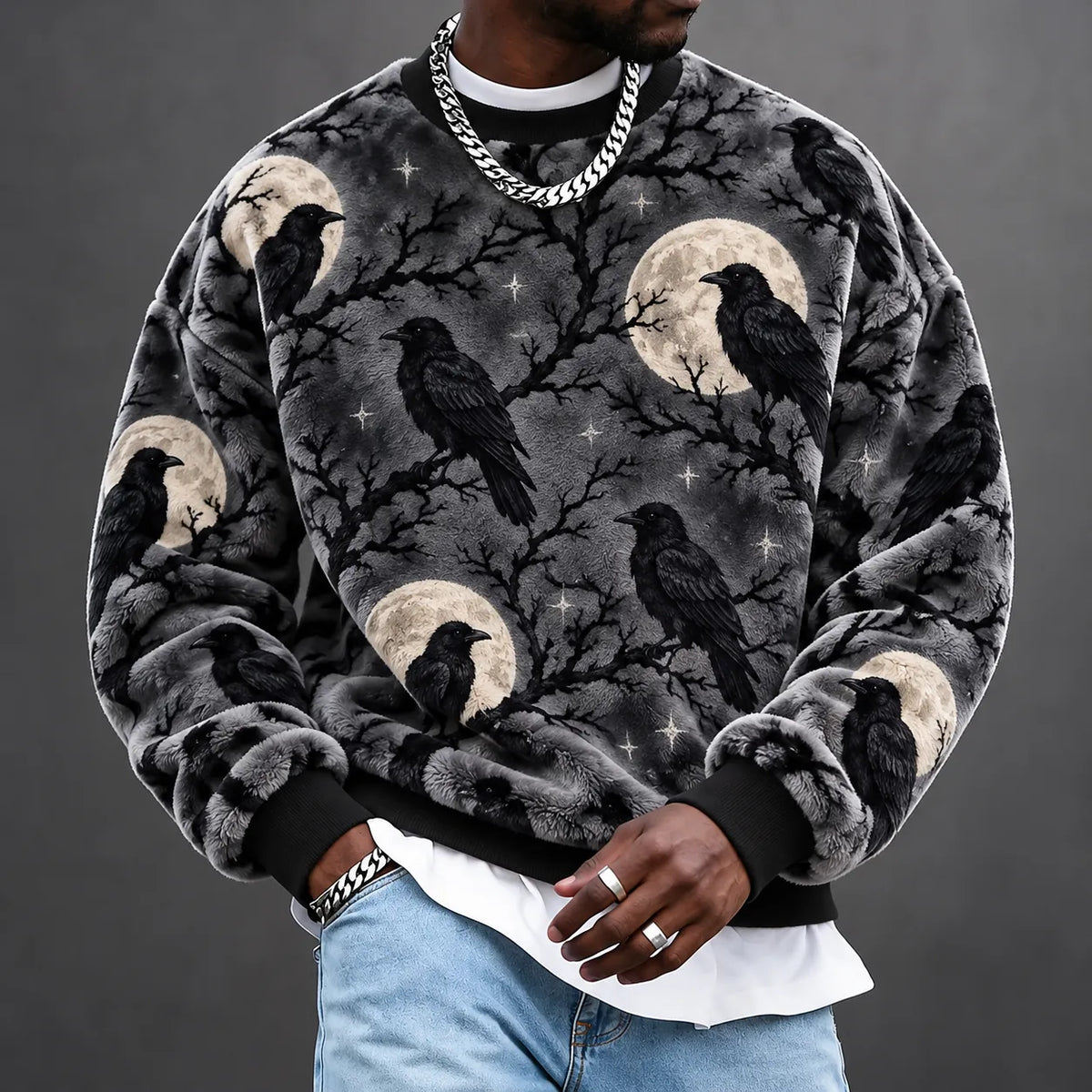 Men's Gothic Moon & Dark Floral Print Crewneck Sweatshirt