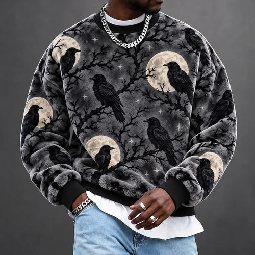 Men's Gothic Moon & Dark Floral Print Crewneck Sweatshirt
