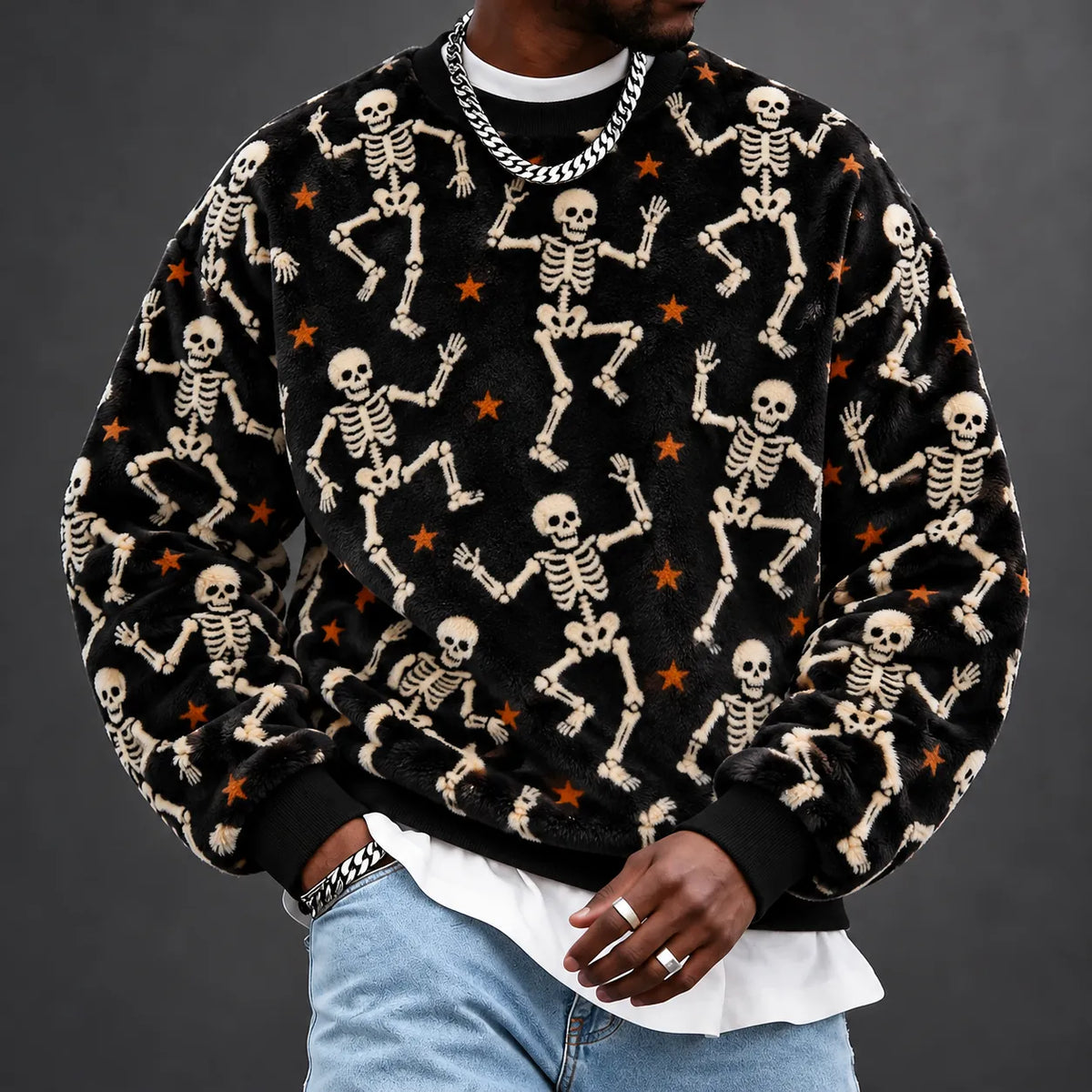 Men's Halloween Skeleton & Bone Print Crewneck Sweatshirt