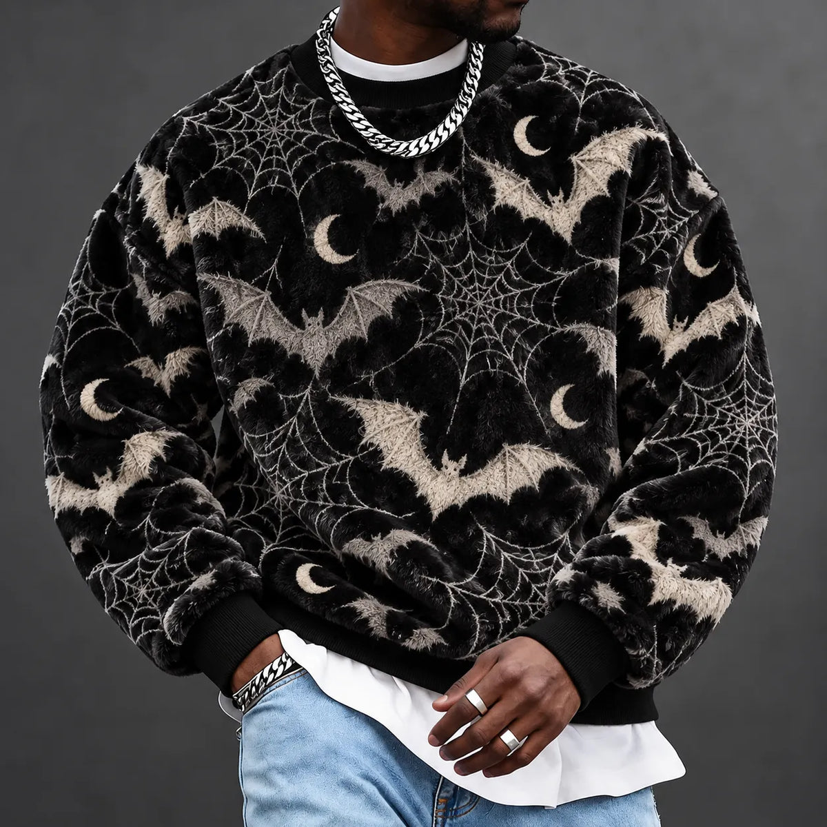 Men's Black Gothic Bat & Moon Print Sweatshirt